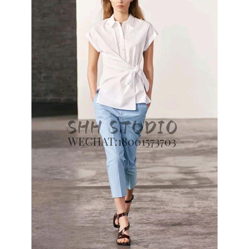 Spring New Temperament Work Clothing Lapel Short Sleeve Poplin Shoelace Shirt 4043050 9479048 3360