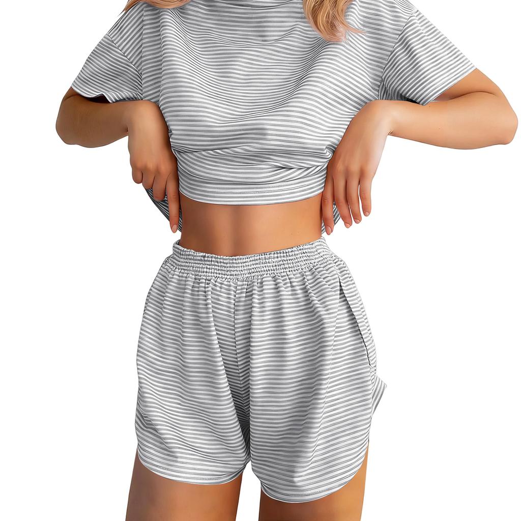 Pigiama da Donna a Maniche Corte Strisciato Stampato Due Pezzi Loungewear Scollo Pajamas Set Pantaloncini Spaccati Morbido Biancheria da Notte