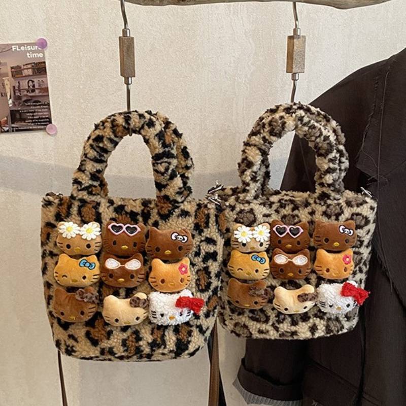 Hello Kitty Cute Brown Cat Plush Tote With Contrasting Patches And Zipper Pocket For Casual Outings