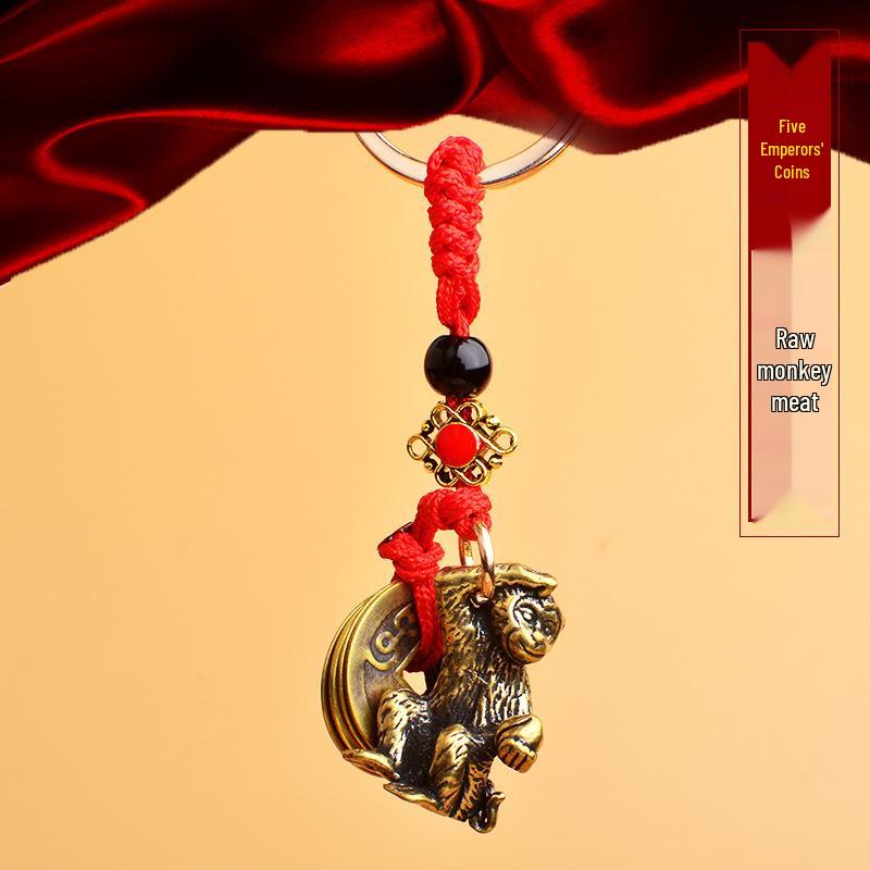 Solid Brass Zodiac Keychain with Red String and Five Emperors Coins