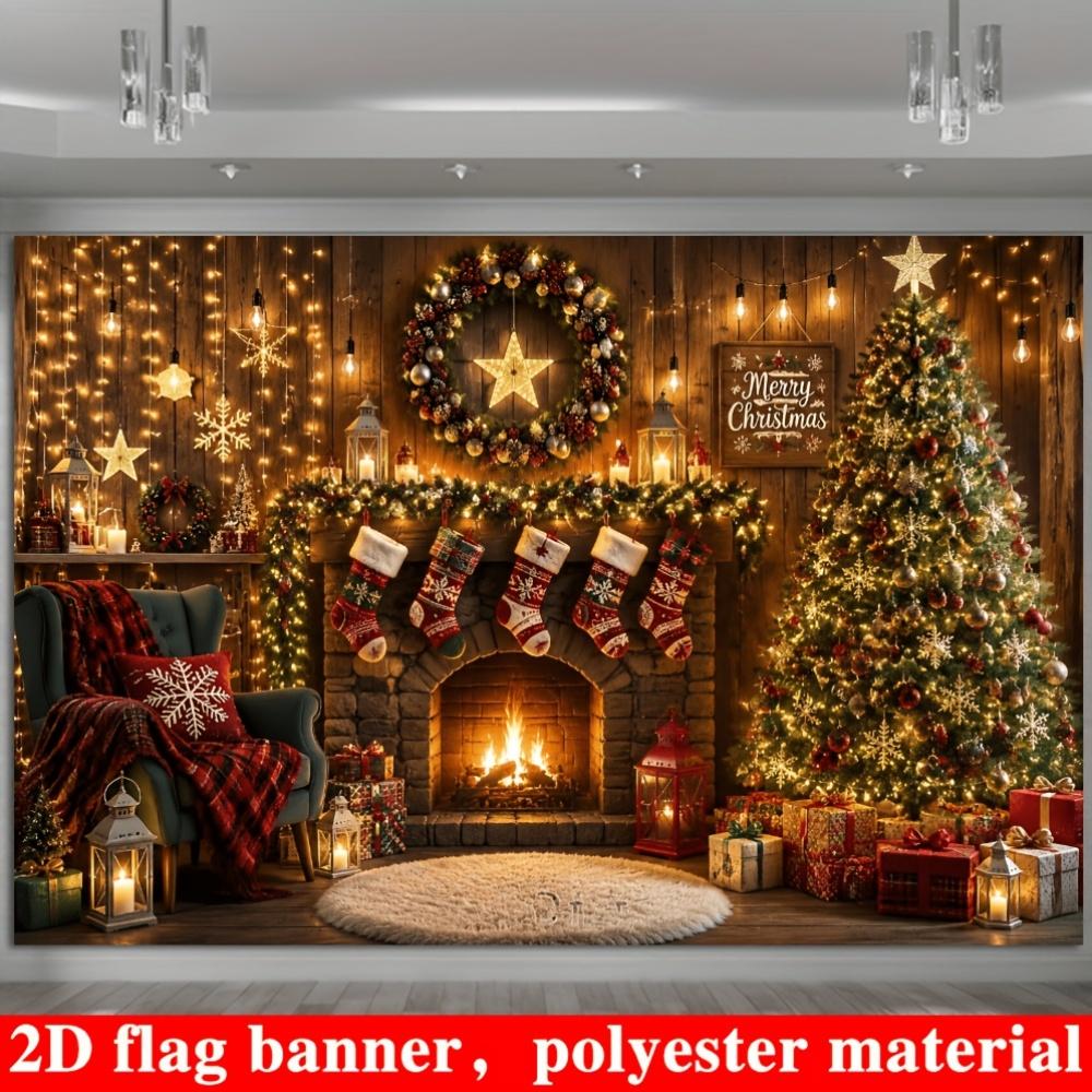 1Pcs Christmas Fireplace Decorated Tree Stockings Decoration Background Xmas Backdrop Decorations For Photo Studio Booth Party