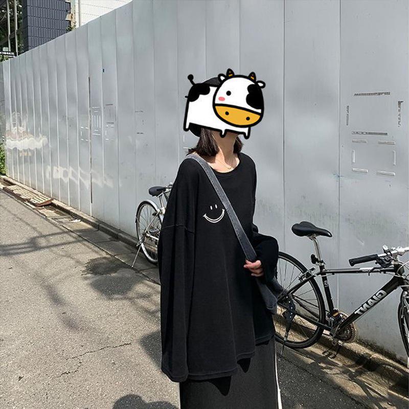 Women's Smiley Face Long Sleeve T-Shirt - Autumn 2023 Korean Style, Round Neck, Loose Fit, Student Top