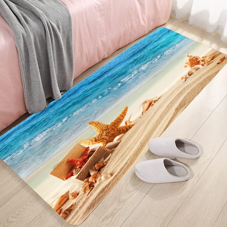 Ocean Area Rugs Beach Rug, Coastal Nature Theme Teal Carpet Boys Girls Hawaiian Sea Wave Animal's Shell Starfish Rug for Bedroom