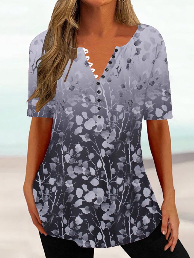 

Женская летняя футболка с цветочным принтом и V-образным вырезом, с короткими рукавами, женский винтажный топ средней длины, свободный топ, женская одежда XXXL