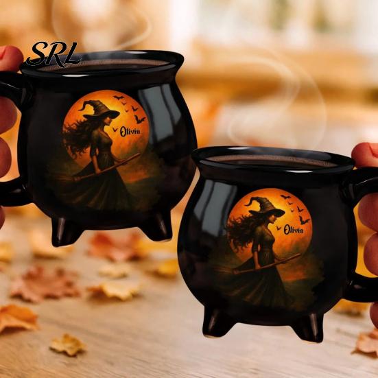 Halloween Tea Drinkware Witch Coffee Mug with Three Legged Cauldron Design, Non Slip Handle Ceramic Decorative Witchcraft Prop Cup, 370ml Capacity for