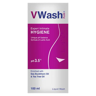 VWash Plus Expert Tekutý mycí přípravek pro intimní hygienu pro ženy 100 ml, Jemný denní čistič, pH vyvážený, Bez parabenů a bezpečný pro citlivou pokožku