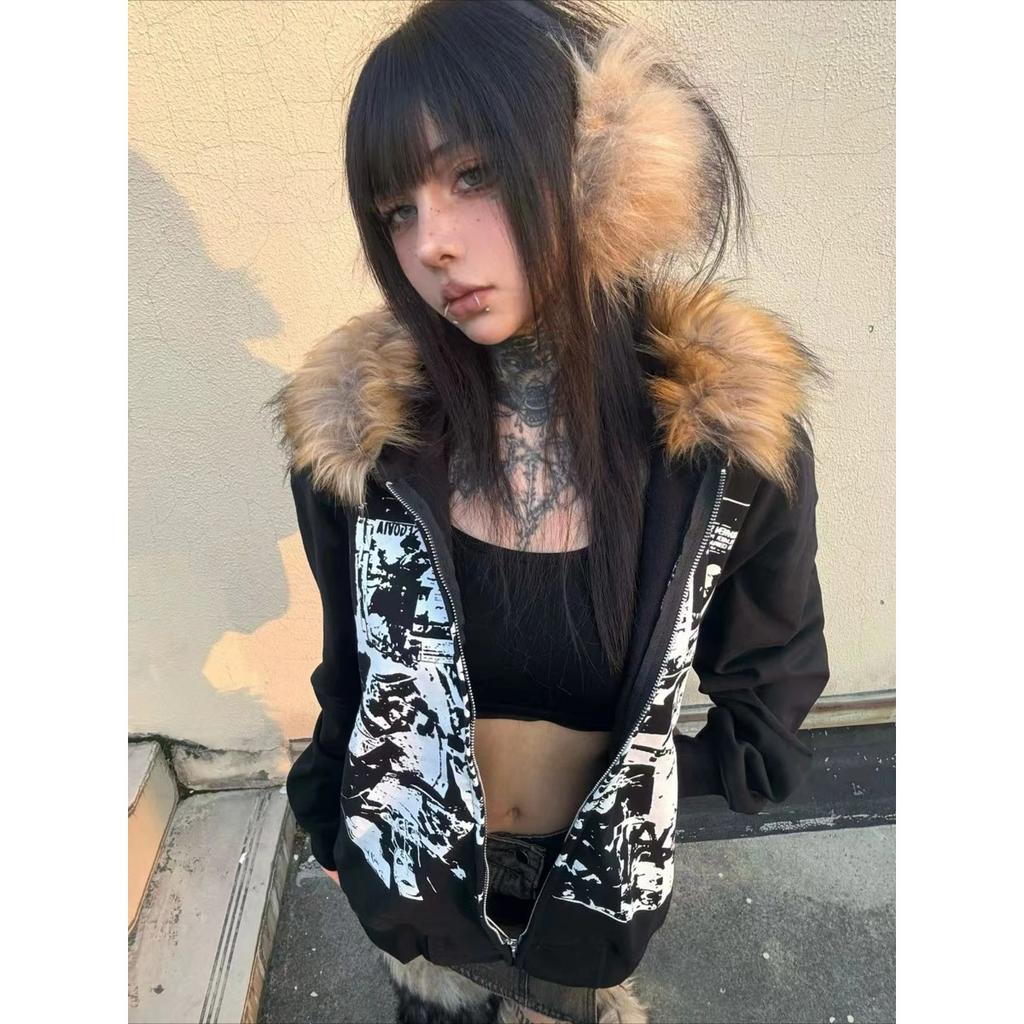 VAYLA Dámské umělé kabáty Grafická bunda s kapucí Fleecová kožešinová mikina s kapucí Drsný americký retro streetový styl a Y2K módní top