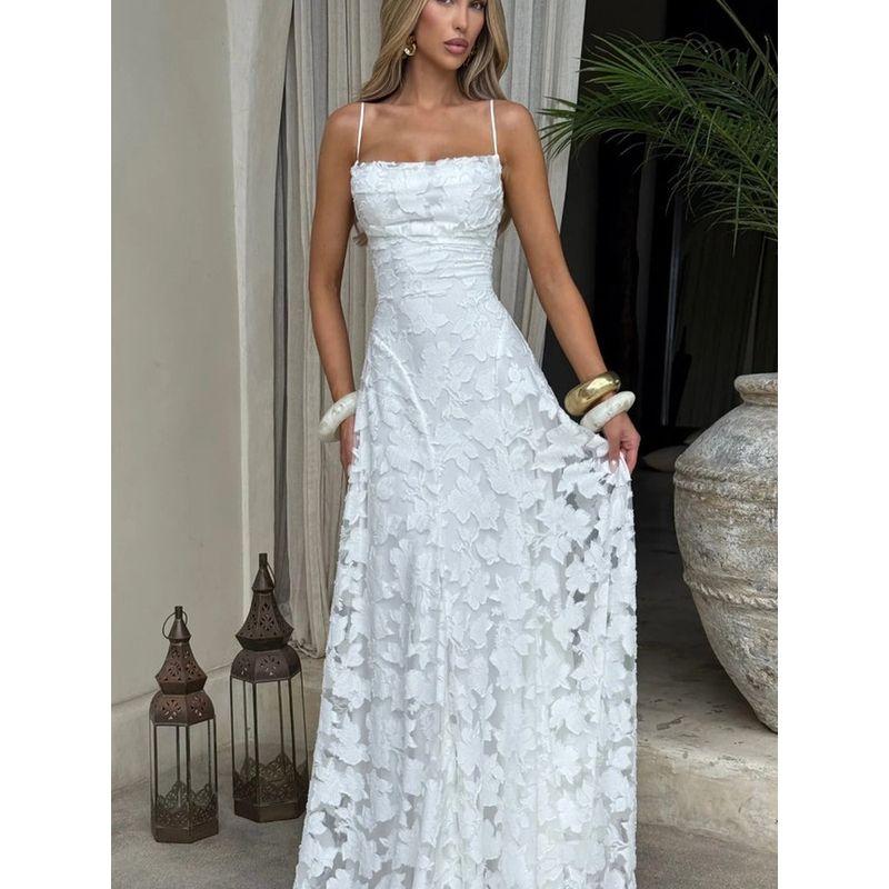 Paris Banquet French Style Advanced Romantic Style Backless Lace Jacquard Temperament Sexy Sling Formal Dress Dress