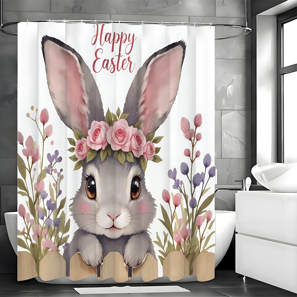 Easter Egg Shower Curtain, Cute Bunny Fence Floral Spring Bathroom Decorative Shower Curtain, Waterproof Shower Curtain with Hoo