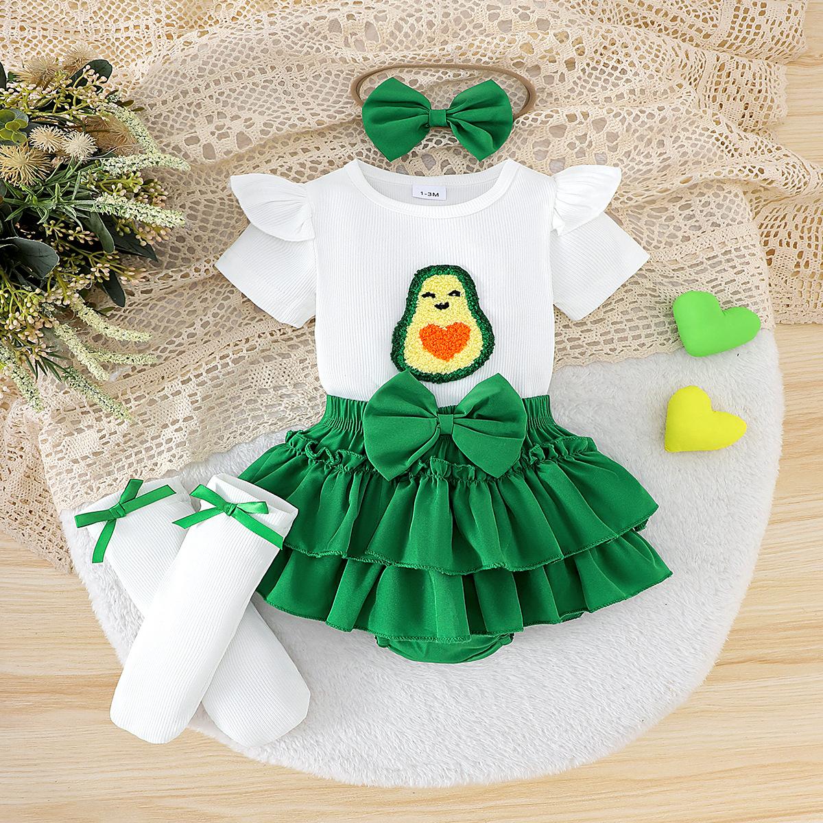 

Girls Fashion Set, Summer Children s Strawberry Printed Top, Bow Short Skirt, Socks 12-18M зелений