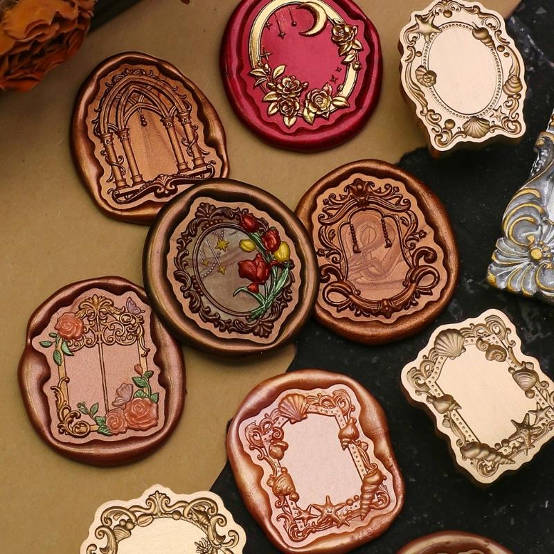 Antique Solid Brass Wax Seal Stamp Head Engraved Embossing Tool Seal Flower Frame for Handmade Letters Gift Wrapping