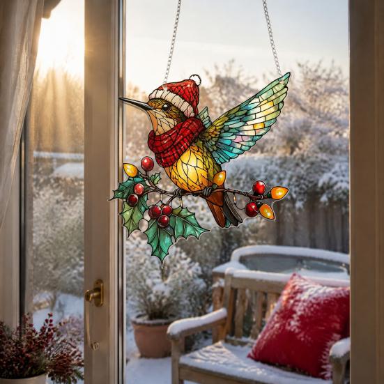 Colorful Acrylic Sun Catcher Scenery/Bird Hanging Ornament, Stained Glass Style Pendant, Double Sided Lightweight Wall Decor Decoration with