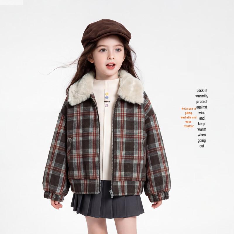 Girls' Winter Thickened Quilted Plaid Jacket
