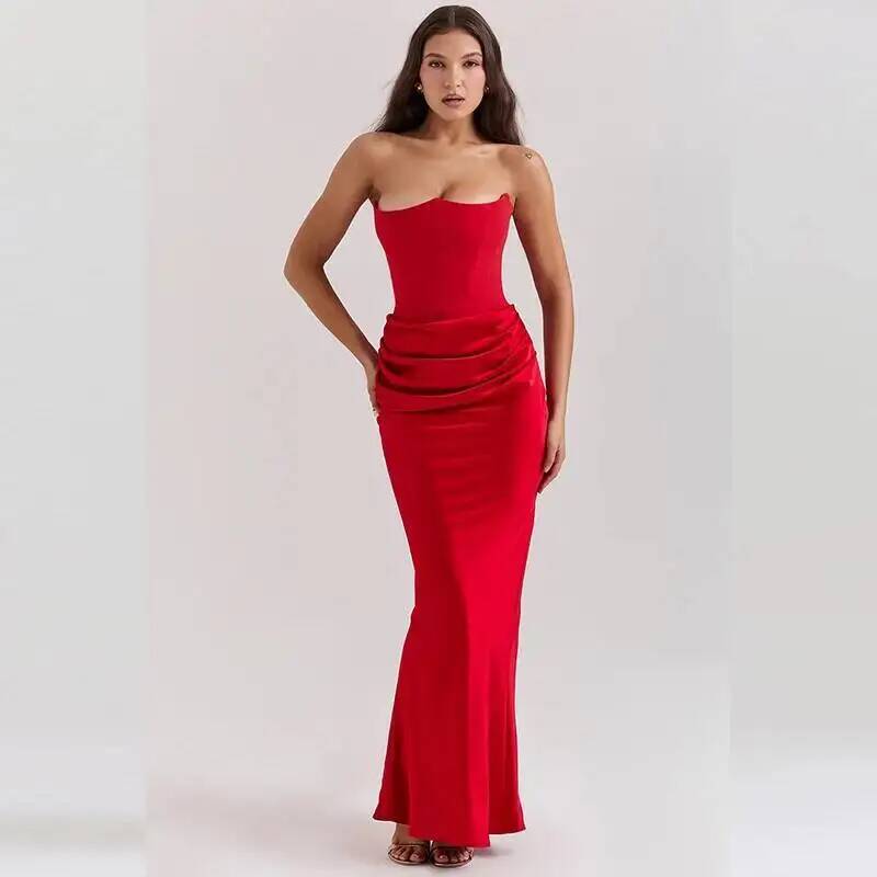 Sexy Satin Evening Club Party Dresses Women 2026 Summer Strapless Off Shoulder Fishbone Ruched Maxi Long Dress Elegant Robe