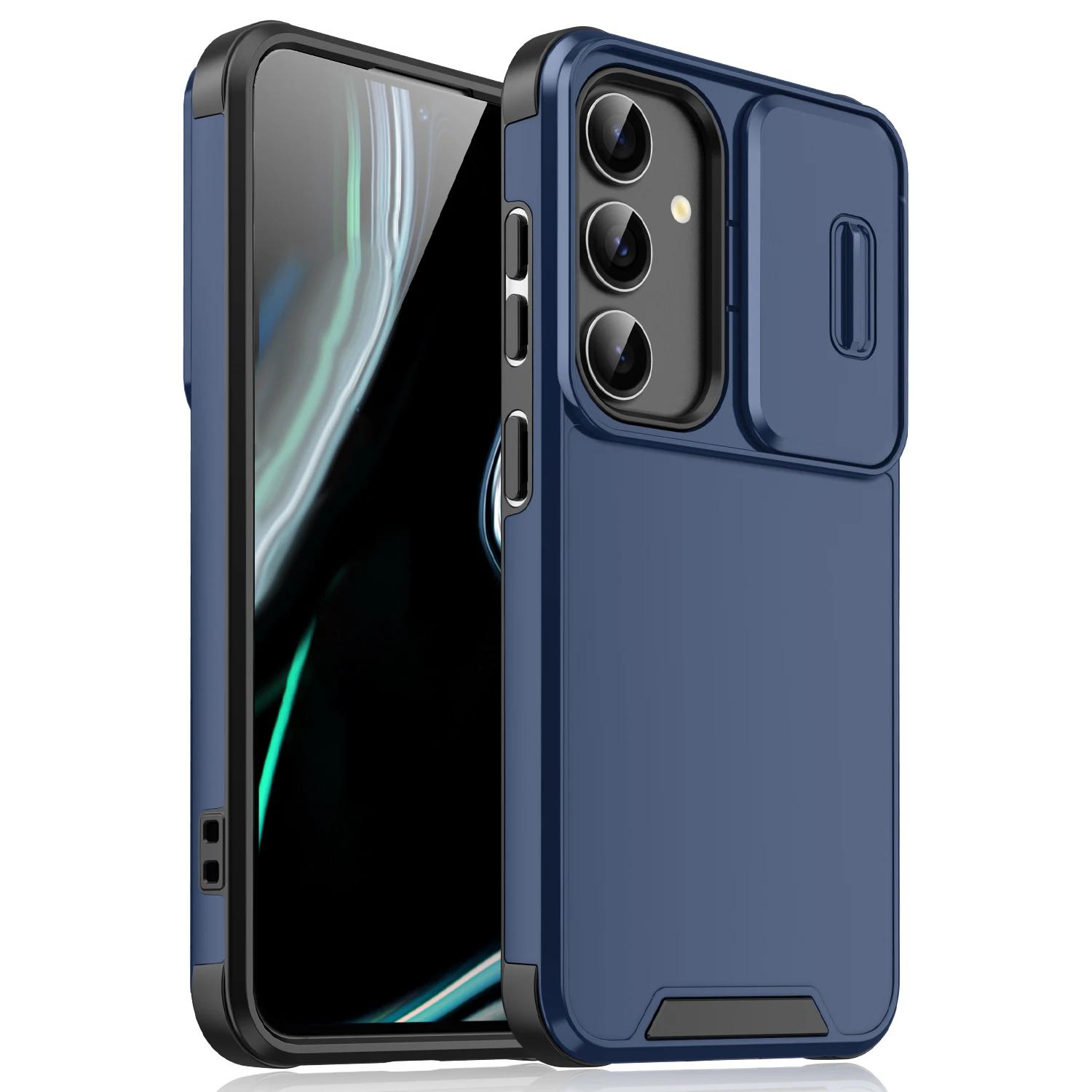 

Роскошный противоударный бронированный чехол для телефона для Samsung Galaxy S25 S24 Ultra S23 FE S21 FE S20 S22 Note 20 с выдвижной защитой камеры, задняя крышка Samsung S20 темно-синий