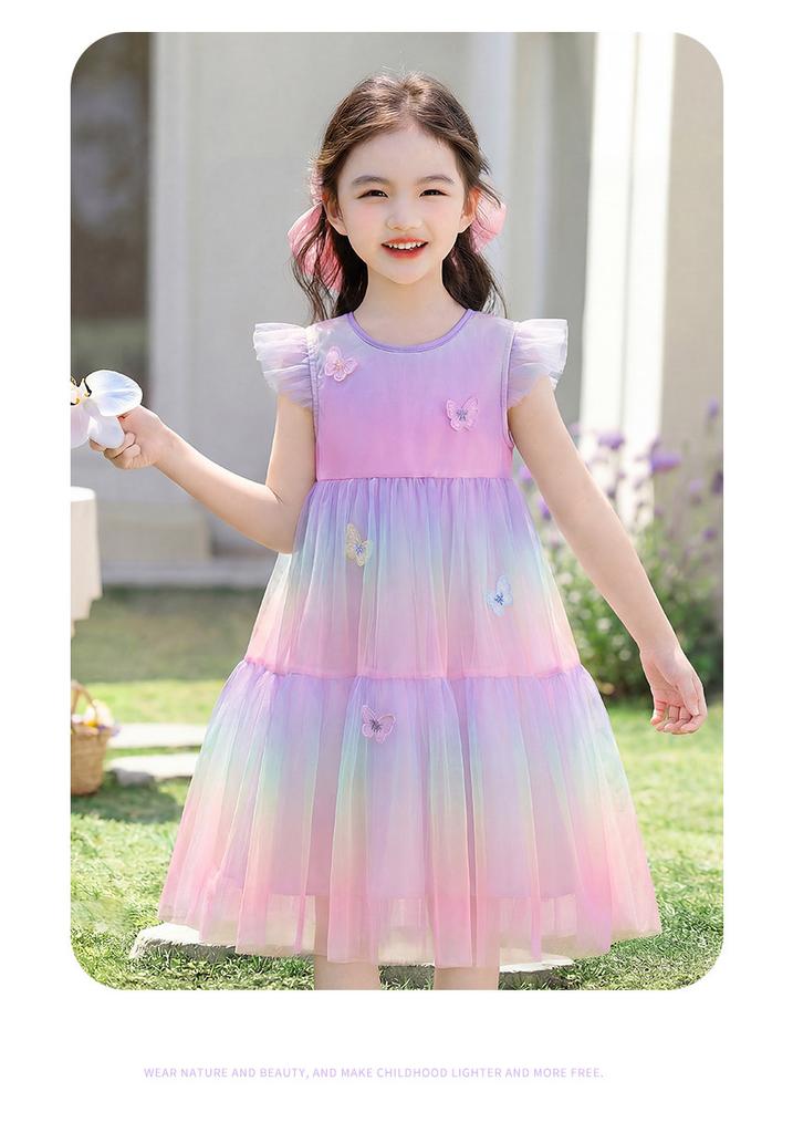 Irregular Gradient Mesh Princess Skirt: Sweet Summer Children's Little Flying Sleeve Dress for Girls, Thin Edition
