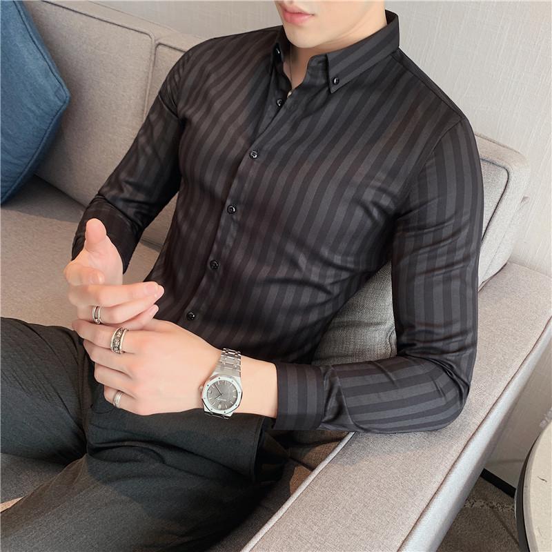 Frühling/Sommer Herren Slim Fit Gestreift Langarm Texturiertes Businesshemd