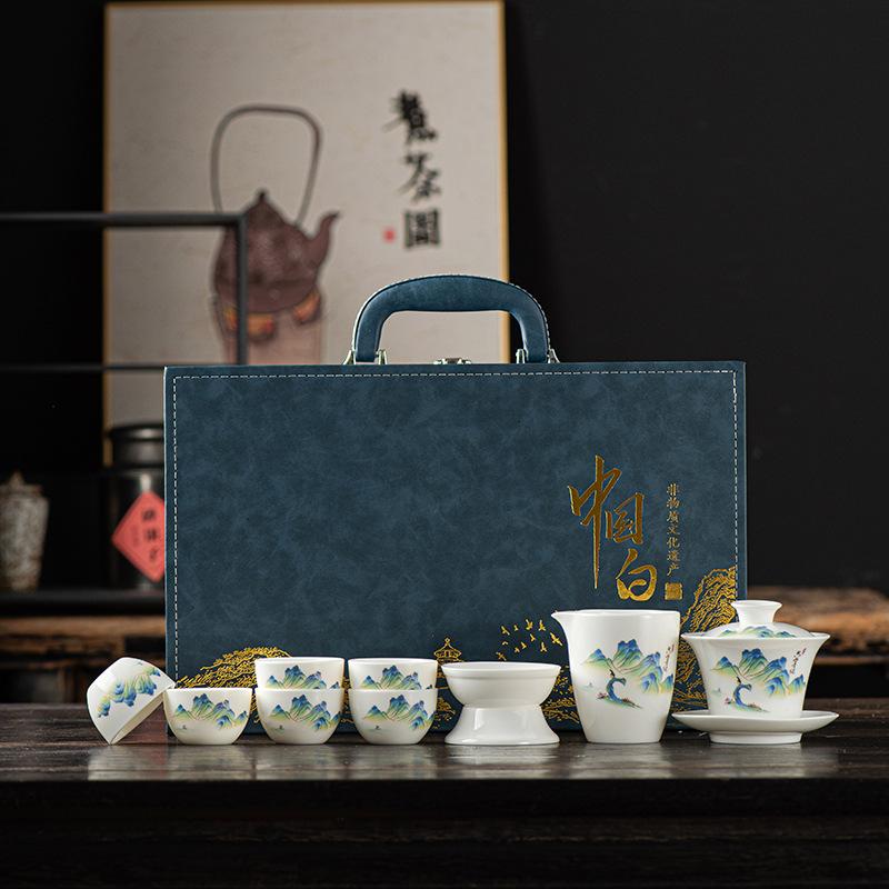 Chinese high-end Dehua suet jade white porcelain tea set Kung Fu teacup office guest cover bowl set