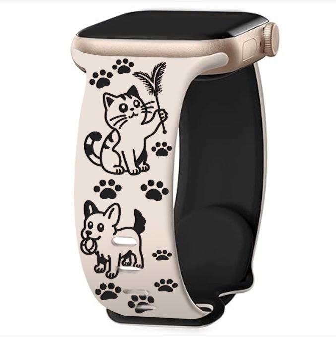 Apple New Style Cartoon Carved Silicone Watch Strap - Cute Cat & Dog Theme.