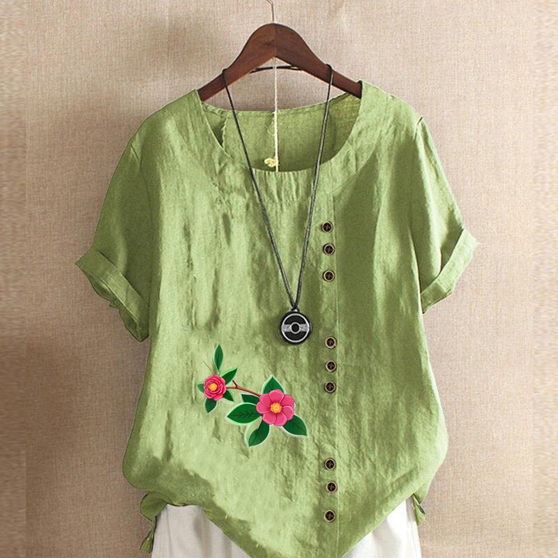 

Женская модная футболка с круглым вырезом и короткими рукавами, повседневная хлопково-льняная футболка с графическим принтом, летняя блузка, топы 5XL зелёный