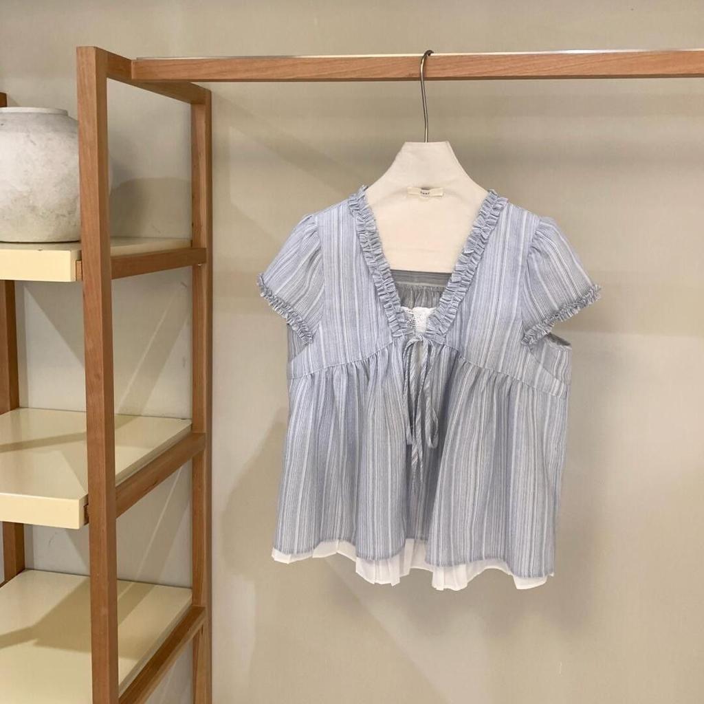 Summer Fake Two-Piece Puff Hem V-Neck Blouse Women's Summer Design Sense Age-Reducing Loose Short Sleeve Baby Shirt Top