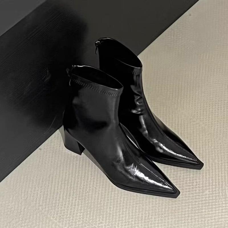 High-heeled short boots women's new autumn and winter design sense niche pointed thin boots soft leather thick-heeled boots fashion boots
