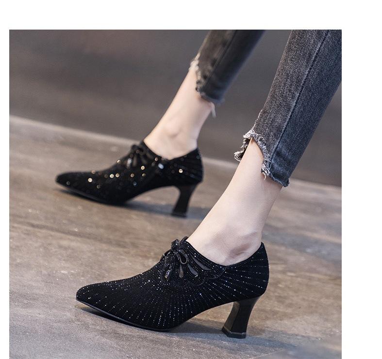 

French nude high heels new banquet rhinestone thick heel pointed small leather shoes light mouth single shoes 34 чёрный