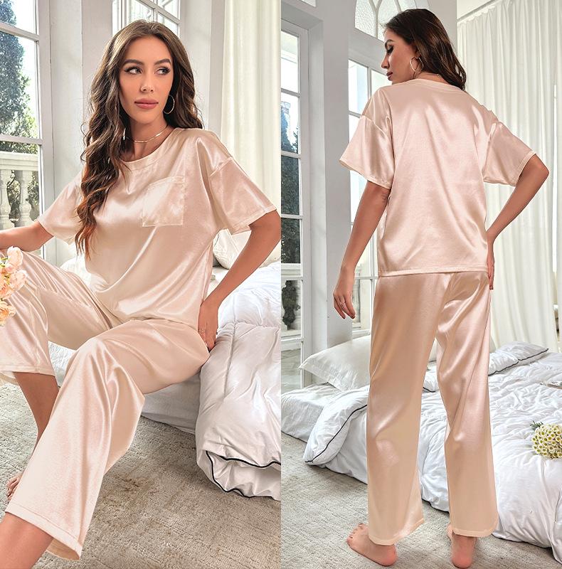 Yaoting Women's Summer Ice Silk Pajama Set - Short Sleeve Top & Long Pants, Loose Fit Casual Homewear 3147