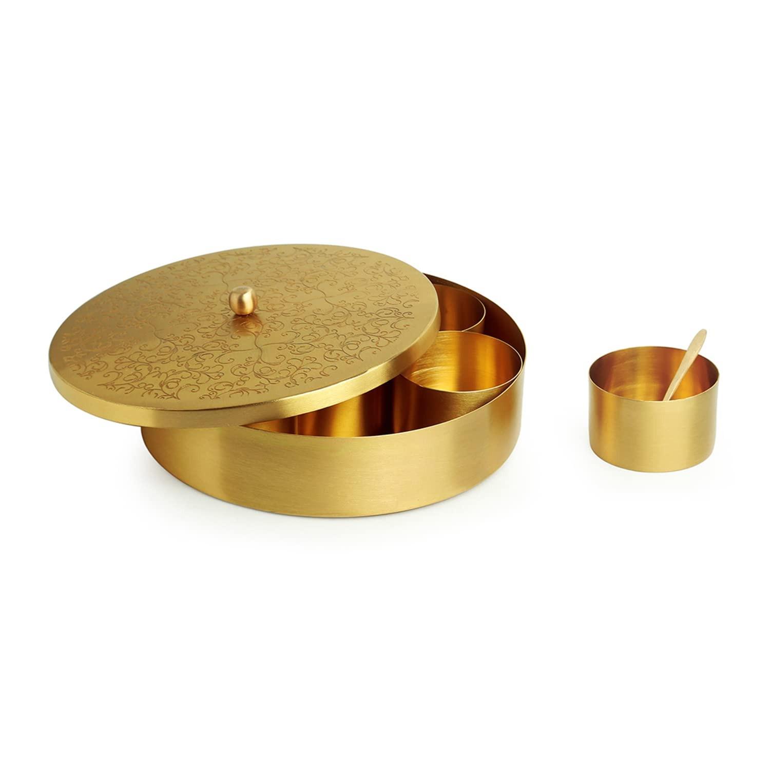 

Контейнер для специй (120 мл), Floral-Etched Brass Spice Box, ExclusiveLane