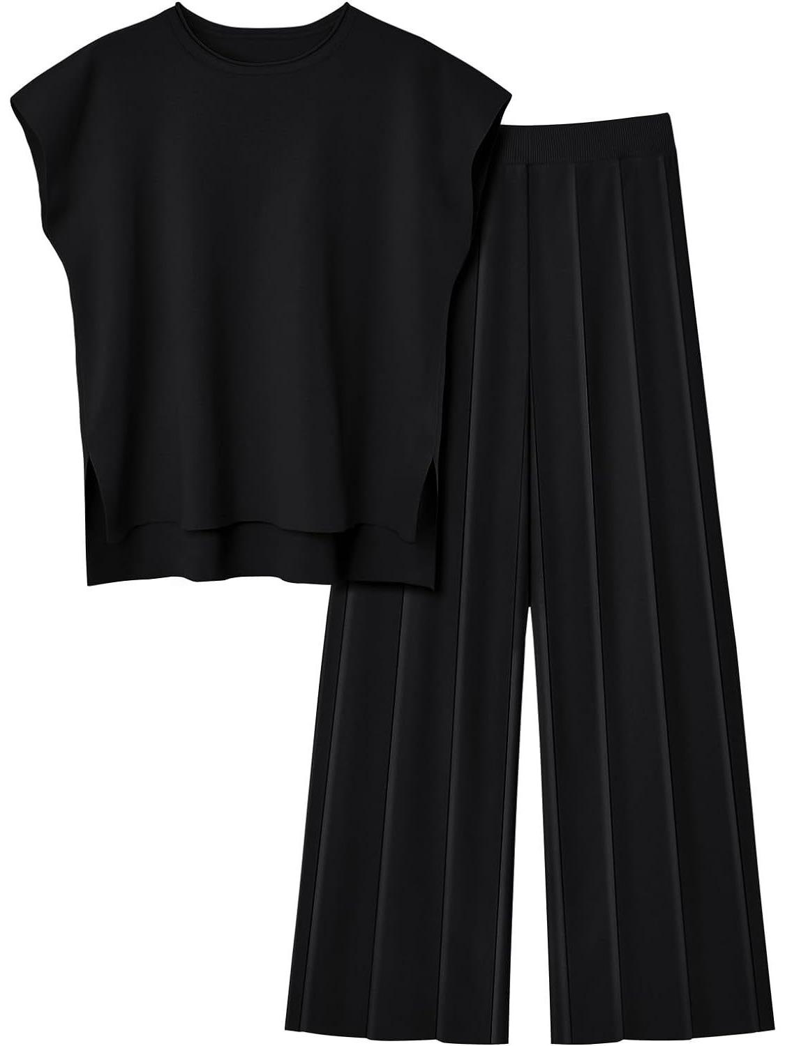 

European & American Women s Sleeveless Knitted Vest & Wide-Leg Pants Two-Piece Casual Set Medium чёрный