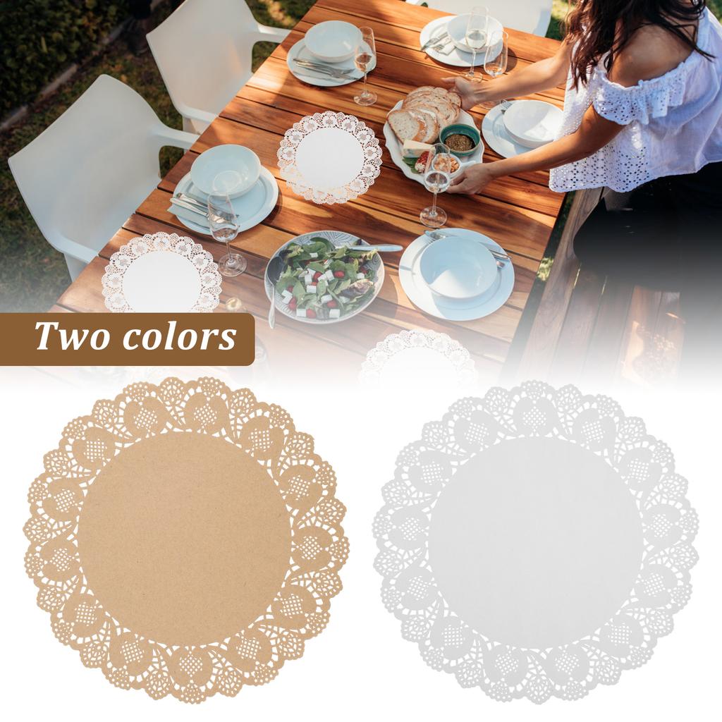 100 Blatt Ausgestanztes Tischset Papier Tischuntersetzer 34cm Rund Spitze Tassenuntersetzer Mehrzweck Papiermatte für Hochzeitstischdekoration