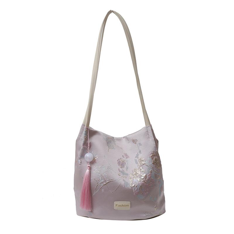 

Ladies messenger bag new embroidery large capacity commuter shoulder bag fashion casual bucket cloth bag One size