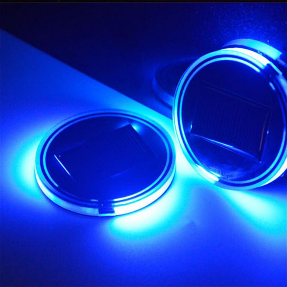 Pair 68Mm Round Solar+Usb Charging Car Cup Holder Bottom 7 Color Rgb Led Lights