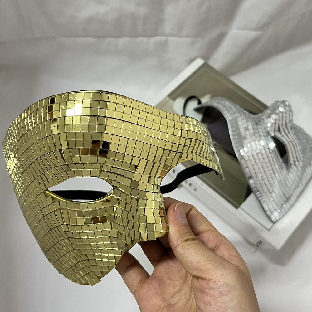 Disco Ball Mirror Half Face Mask, Shiny Laser Reflective Mask for Halloween Party Dance Costume