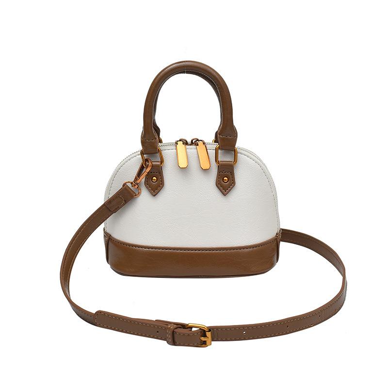 

Sweet Mini Bowling Handbag Retro Single Shoulder Bag For Women Color-Block Handheld Vintage Retro Oil Wax Leather Shell Bag