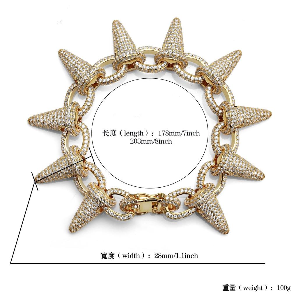 New 28mm Luxury Punk Rock Iced Out Rivet Spikes Cuff Bangles Bracelets Bling Cubic Zircon HipHop Gold Silver Gifts for Men Women