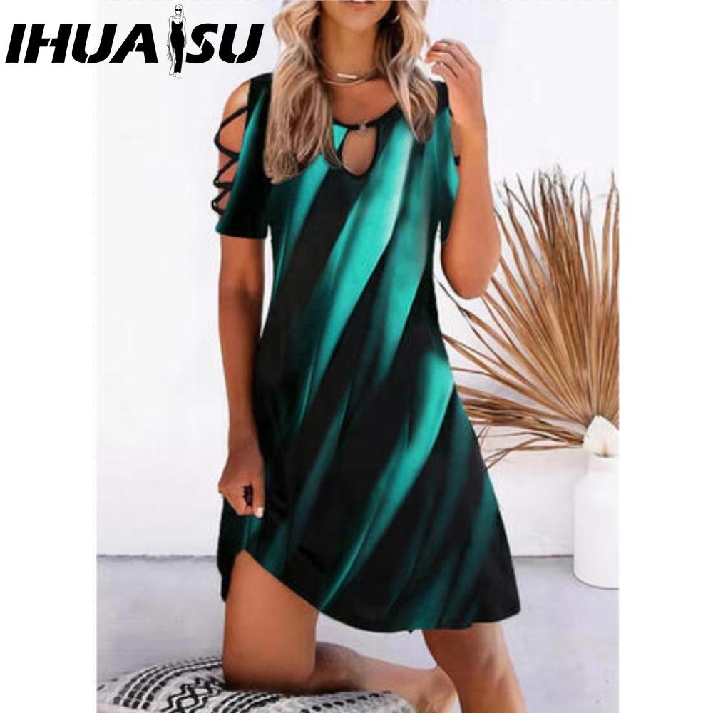 IHUASU 13 Farben Damen Kleid mit Blumenmuster Sommer Sexy Kurzarm O-Ausschnitt Mini Kleider Weiblich Vintage Elegantes Kleid