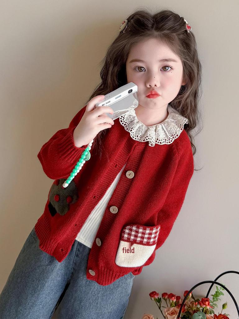 2025 Girls' Fashionable Cartoon Cardigan Sweater, Korean Style, Lace Trim for Spring and Autumn.