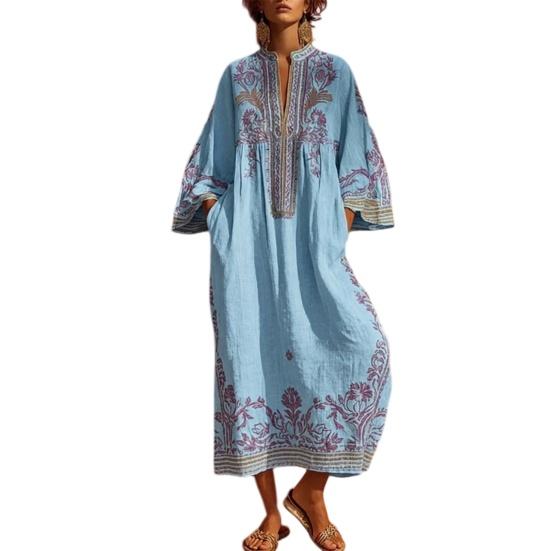 Abito Lungo Boho Casual da Donna, Estivo Lungo Bohémien con Stampa Ricamata, Manica 3/4 Scollo a V Svasato, Abiti da Vacanza con Tasche
