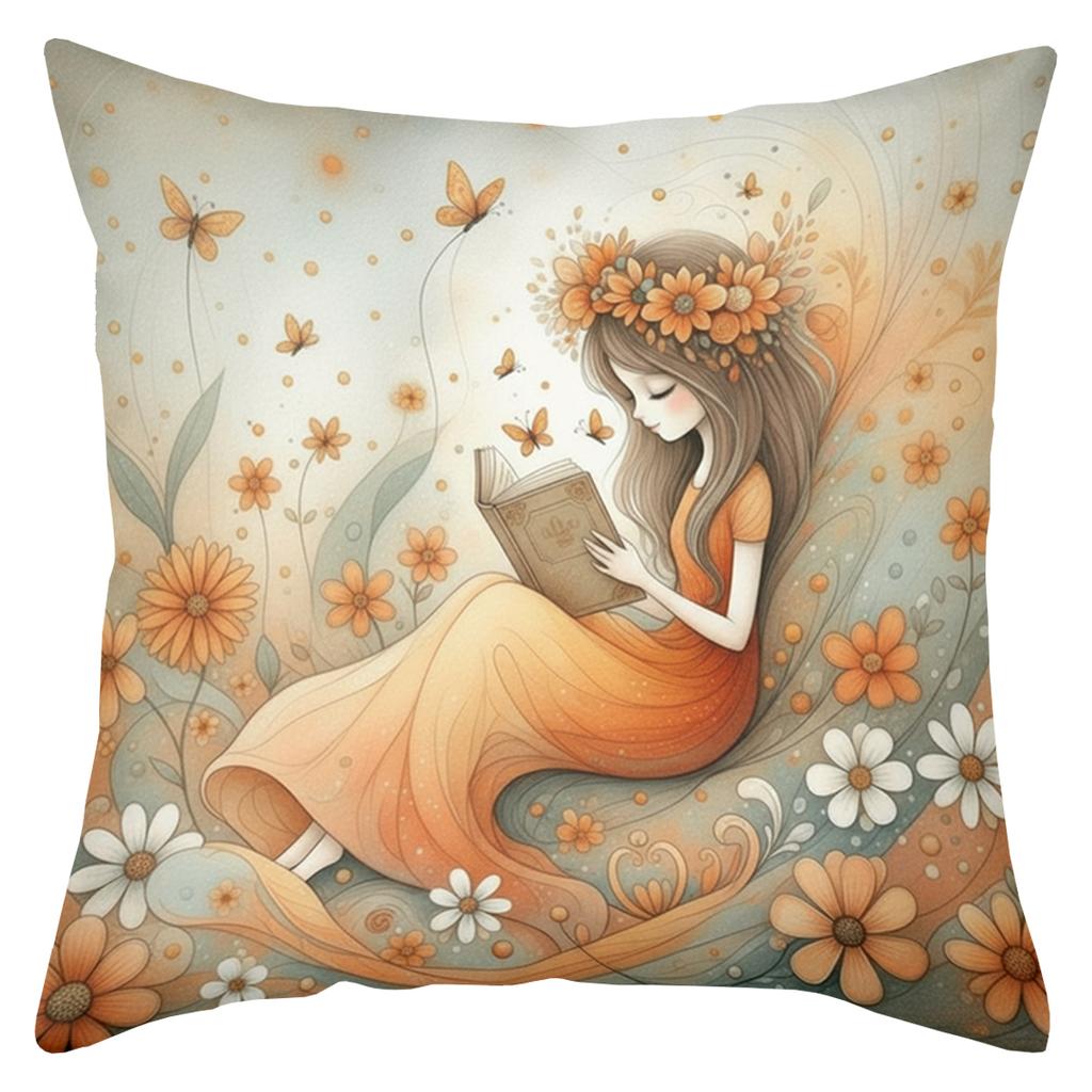 2D flat printing Girls with Flowers Design Decorative Throw Pillows Polyester pillowcase, sofa decorative cushion cov