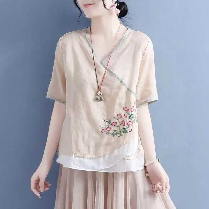 Womens Pink Floral Embroidered Linen Blouse Casual V Neck Wrap Short Sleeve Top