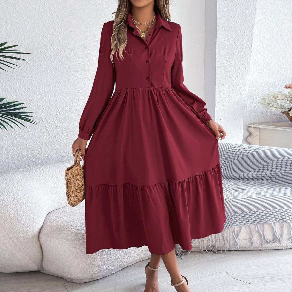 Women's Fashionable Color Lapel Button Casual Loose Long Sleeved Shirt Dress