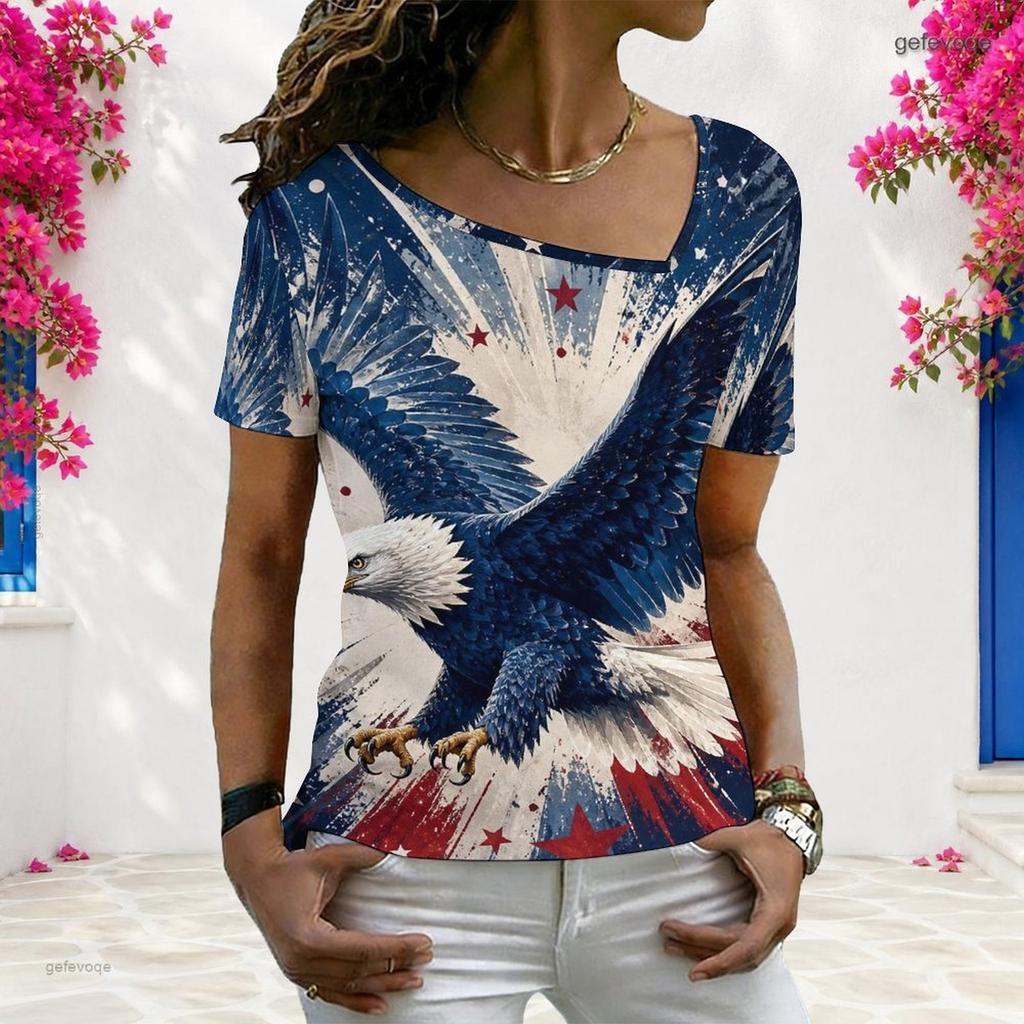 Women Plus Size Asymmetric Neck Short Sleeve Top Colorful Rainbow Heart Vibrant Art Print