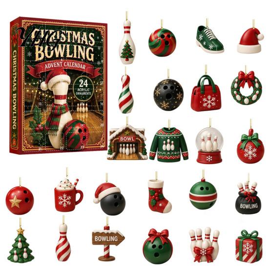 Bowling Enthusiast Novelty Gifts Christmas Advent Calendar with 24 Acrylic Pendants, 2D Flat Theme Holiday Ornaments for Tree Hanging Decorations And