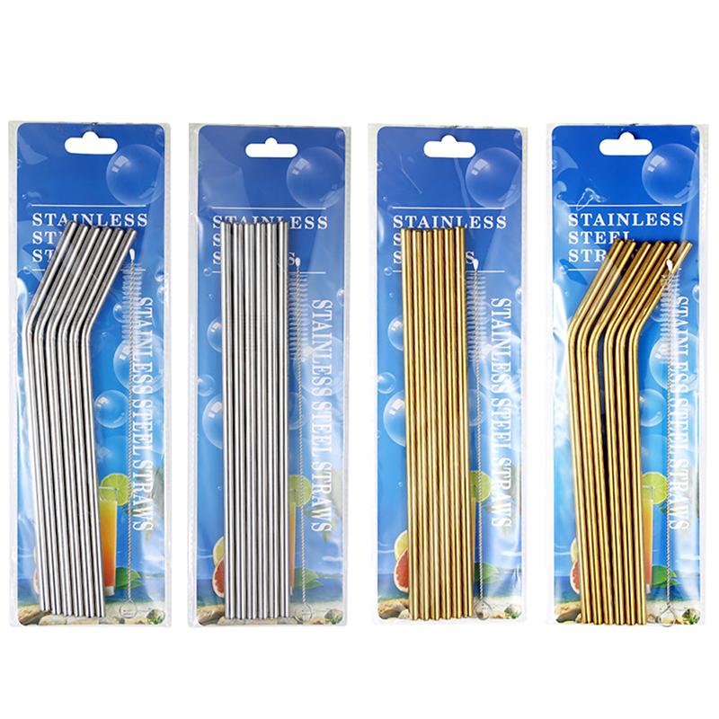 6Pcs Metal Reusable 304 Stainless Steel Straws Straight Bent Drinking Straw With Case Cleaning Brush Set Party Bar Accessory