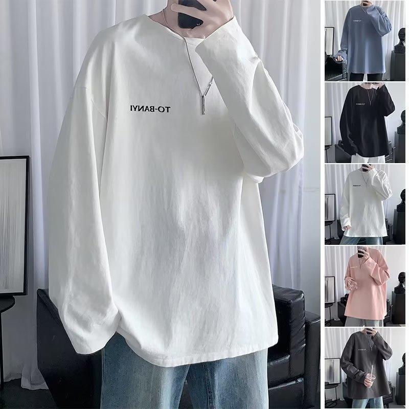 Men S Loose Long Sleeve Round Neck Casual Printed T Shirt Daily Inner Wear Top
