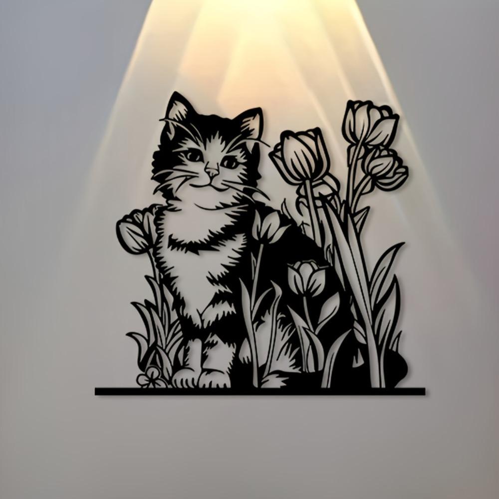 Vintage Iron Cat and Tulip Garden Wall Decor Sculpture Gift