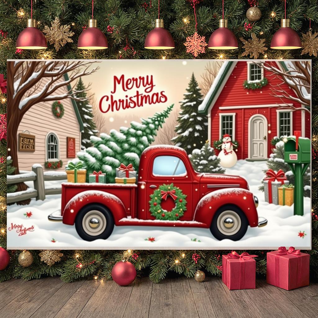 Winter Holiday Banner Red Truck Design Xmas Display Holiday Backdrop Wreath Ornament Snowy Christmas Backdrop For Christmas