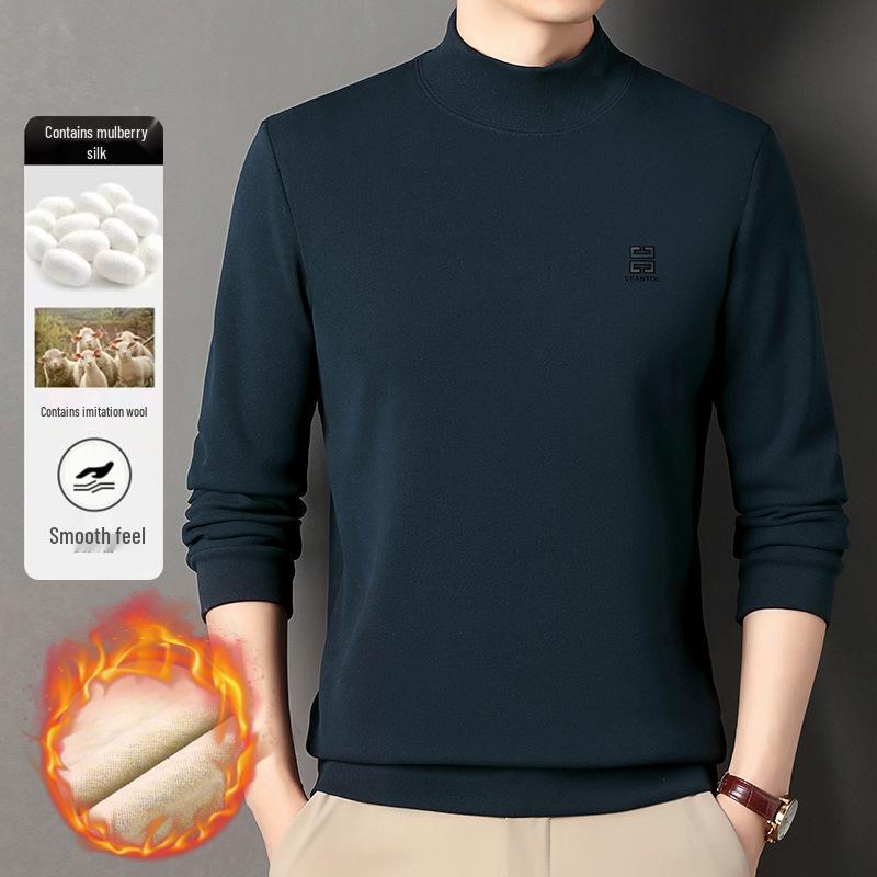 Men's Winter Luxury Velvet Hoodie 2025: Thick Half-High Collar Long-Sleeve Base Layer for Middle-Aged Dad