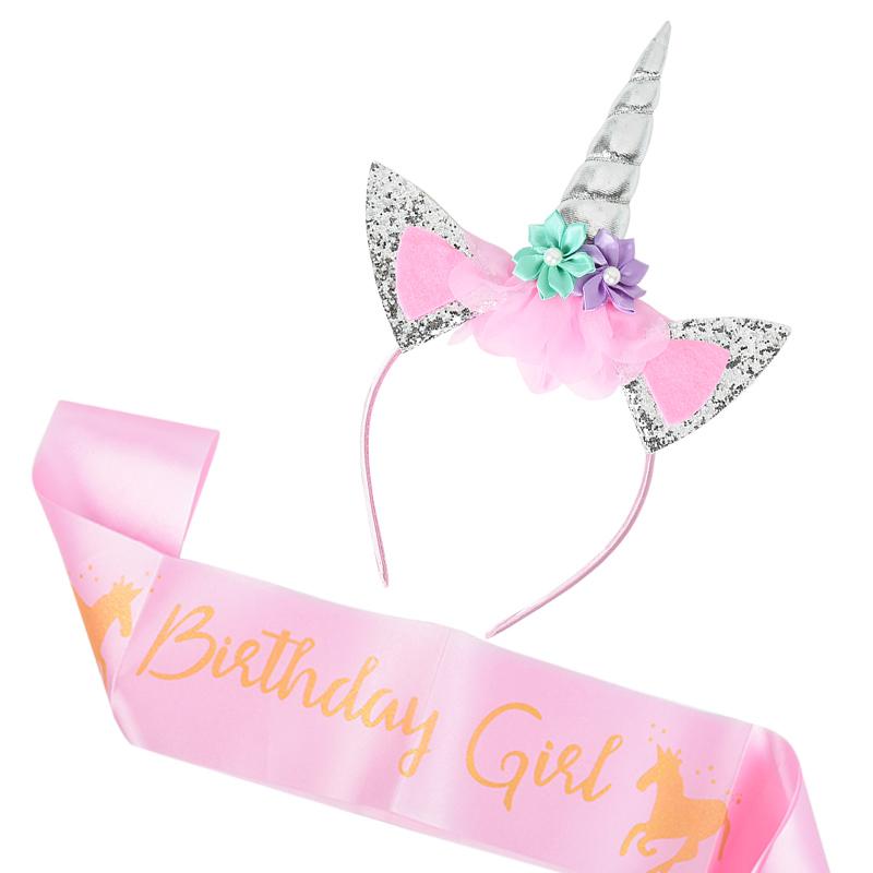 Unicorn Horn Headband Birthday Girl Sash Satin for Girl 1st Birthday Party Decoration Unicorn Theme Party Hair Band Baby Shower
